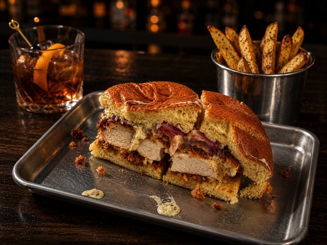 A fried chicken sandwich on a toasted bun, cut in half to show the filling, with seasoned potato wedges and a cocktail on a metal tray.