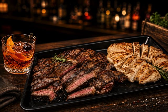 Sliced steak and grilled chicken arranged side by side on a dark tray, with a cocktail alongside.